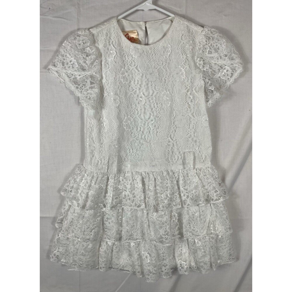 Eber Girl Vintage 80s Flower Girl White Lace Wedding Dress Girls Size 7 Made USA